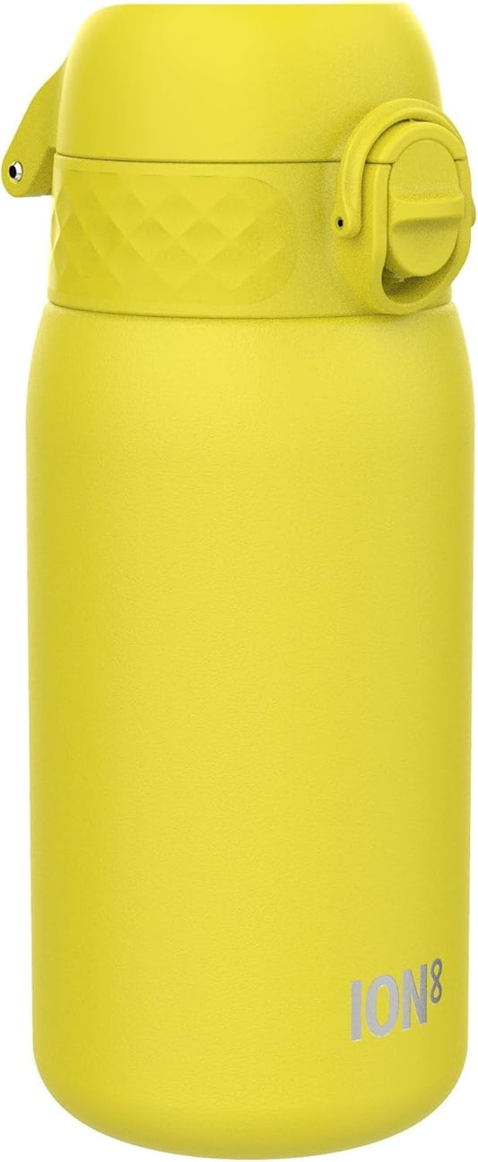 Botella infantil de acero inoxidable ION8 400ml – segura, compacta y sin fugas.
