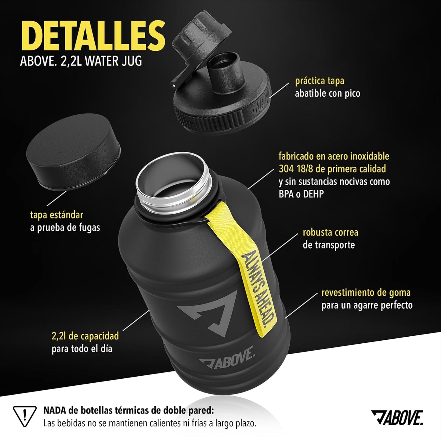 Botella agua acero inoxidable 2.2L | Resistente, sin BPA, para deporte y vida consciente