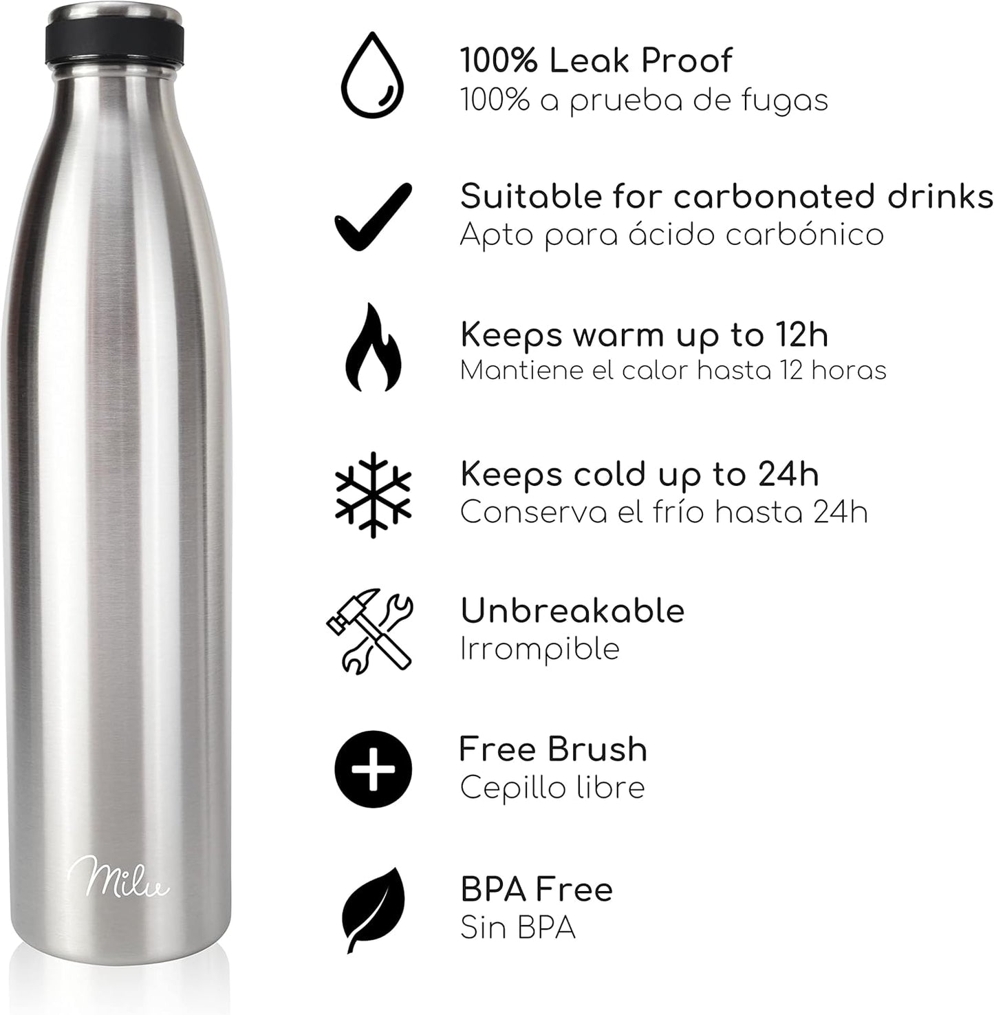 Botella termo de acero inoxidable con cepillo – mantiene frío 24h y calor 12h, libre de BPA e irrompible.
