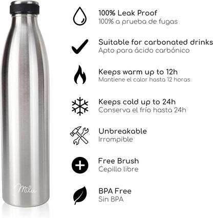 Botella termo de acero inoxidable con cepillo – mantiene frío 24h y calor 12h, libre de BPA e irrompible.
