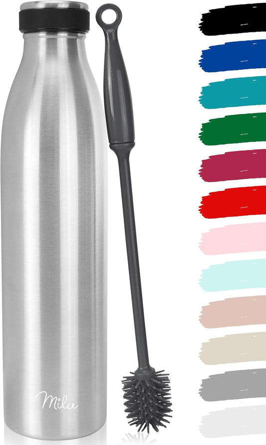 Botella termo de acero inoxidable con cepillo – mantiene frío 24h y calor 12h, libre de BPA e irrompible.

