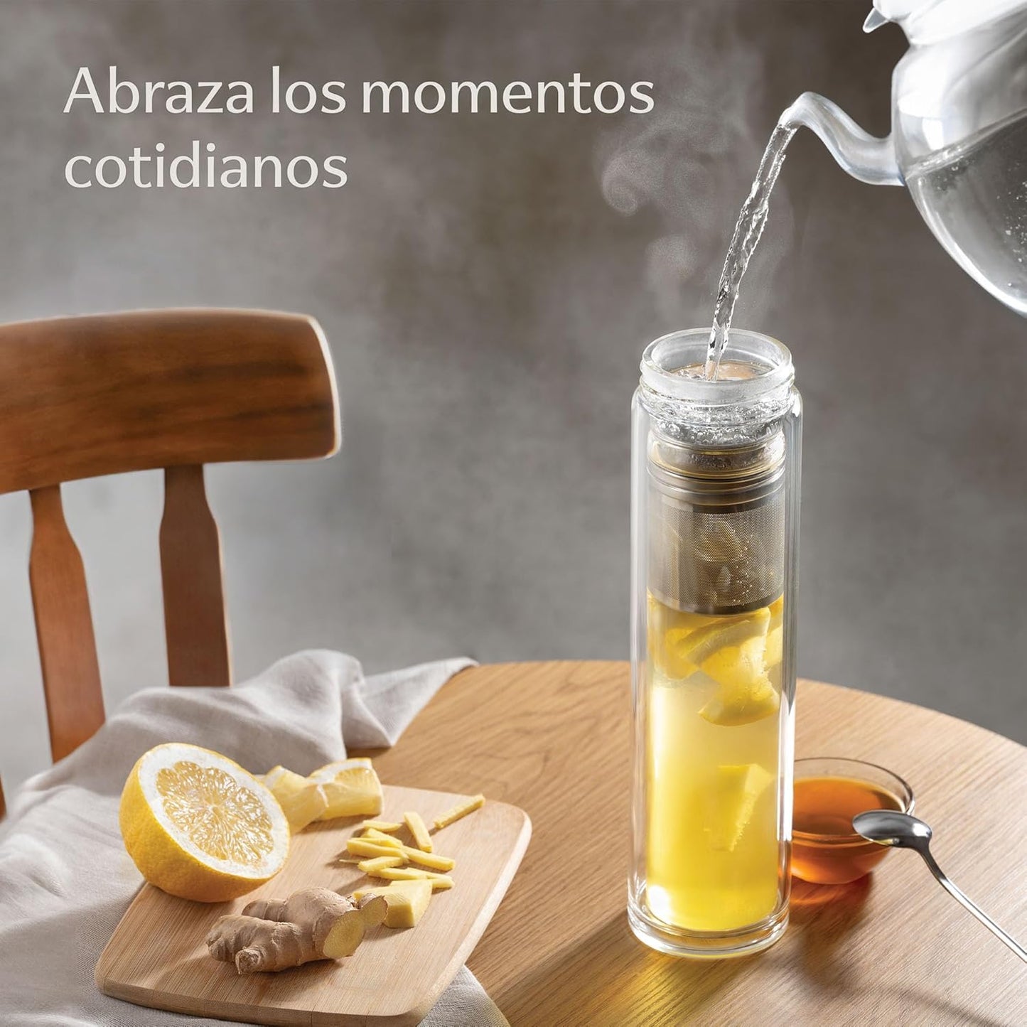 Botella de Té con Infusor 500 ml | Vidrio Doble Pared + Funda de Fieltro Beige | Antifugas y Resistente al Calor