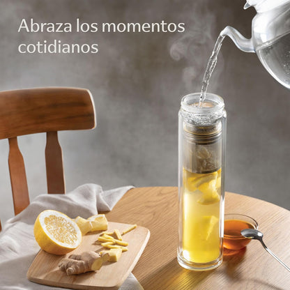 Botella de Té con Infusor 500 ml | Vidrio Doble Pared + Funda de Fieltro Beige | Antifugas y Resistente al Calor