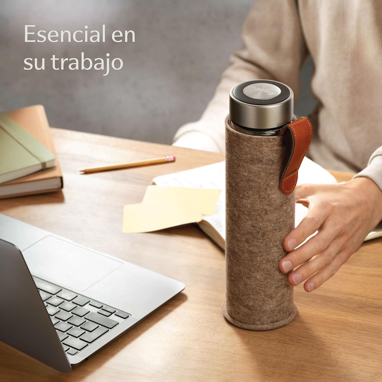 Botella de Té con Infusor 500 ml | Vidrio Doble Pared + Funda de Fieltro Beige | Antifugas y Resistente al Calor
