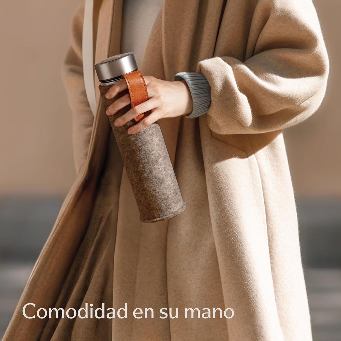 Botella de Té con Infusor 500 ml | Vidrio Doble Pared + Funda de Fieltro Beige | Antifugas y Resistente al Calor