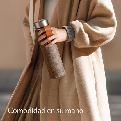 Botella de Té con Infusor 500 ml | Vidrio Doble Pared + Funda de Fieltro Beige | Antifugas y Resistente al Calor