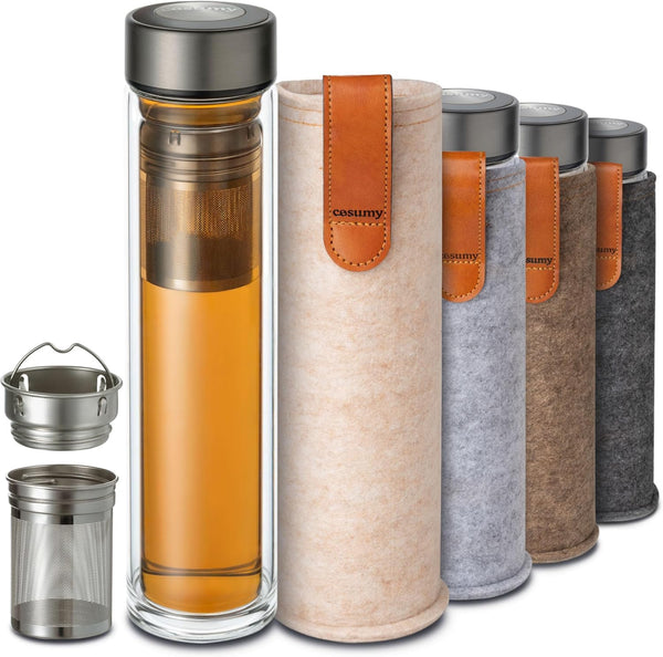 Botella de Té con Infusor 500 ml | Vidrio Doble Pared + Funda de Fieltro Beige | Antifugas y Resistente al Calor