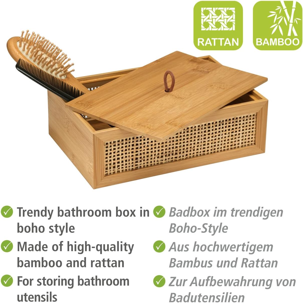 Caja Decorativa para Baño | Bambú y Ratán Natural Trenzado con Tapa | Estilo Boho para Guardar Utensilios