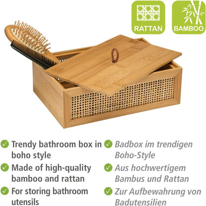 Caja Decorativa para Baño | Bambú y Ratán Natural Trenzado con Tapa | Estilo Boho para Guardar Utensilios