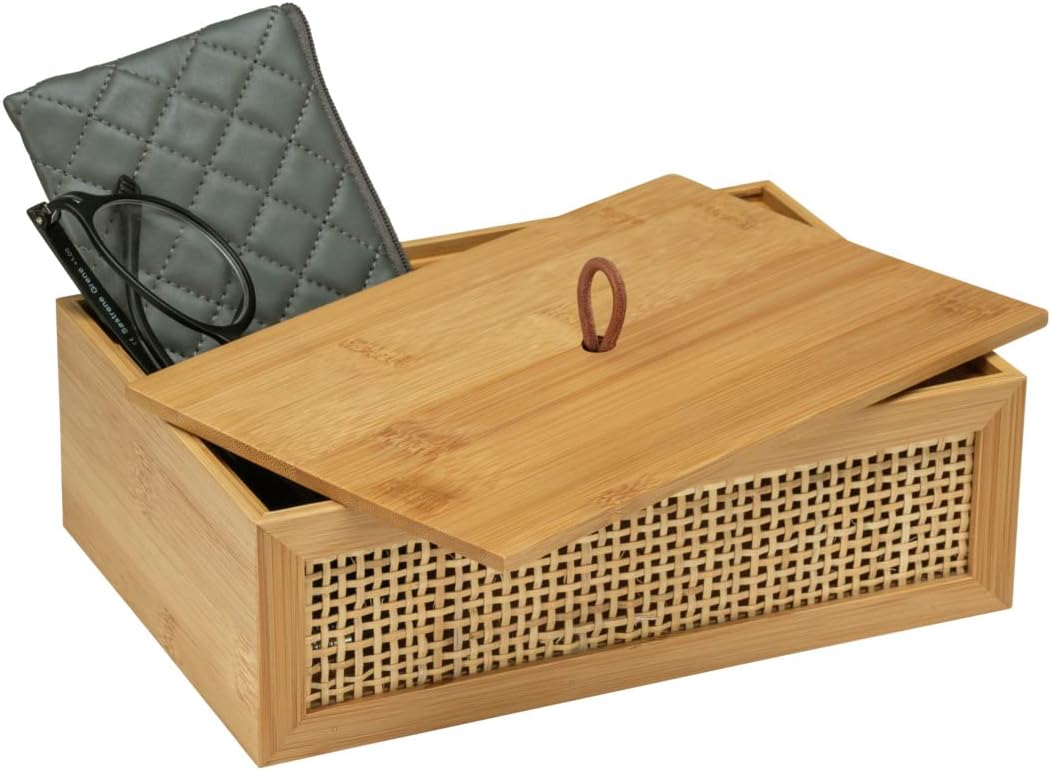 Caja Decorativa para Baño | Bambú y Ratán Natural Trenzado con Tapa | Estilo Boho para Guardar Utensilios