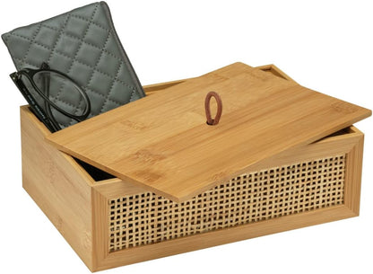 Caja Decorativa para Baño | Bambú y Ratán Natural Trenzado con Tapa | Estilo Boho para Guardar Utensilios