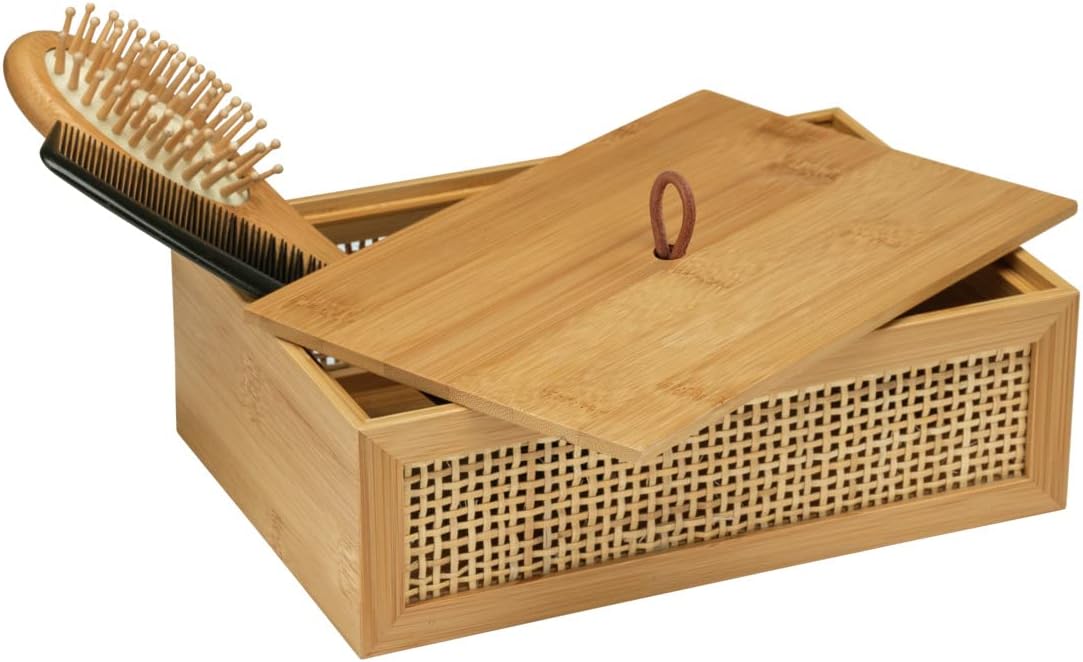Caja Decorativa para Baño | Bambú y Ratán Natural Trenzado con Tapa | Estilo Boho para Guardar Utensilios