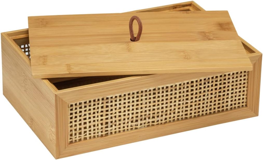 Caja Decorativa para Baño | Bambú y Ratán Natural Trenzado con Tapa | Estilo Boho para Guardar Utensilios