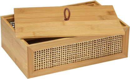 Caja Decorativa para Baño | Bambú y Ratán Natural Trenzado con Tapa | Estilo Boho para Guardar Utensilios