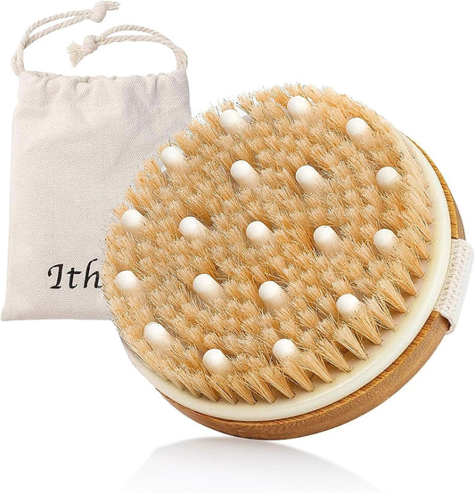 Cepillo corporal en seco de cerdas naturales con bolitas de masaje – exfoliación, masaje y bienestar diario.
