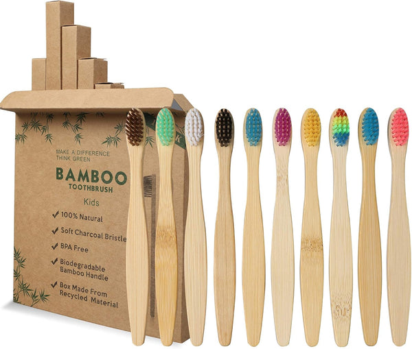 Cepillos de Dientes Bambú para Niños | Pack 10 Colores con Cerdas Suaves y Biodegradables