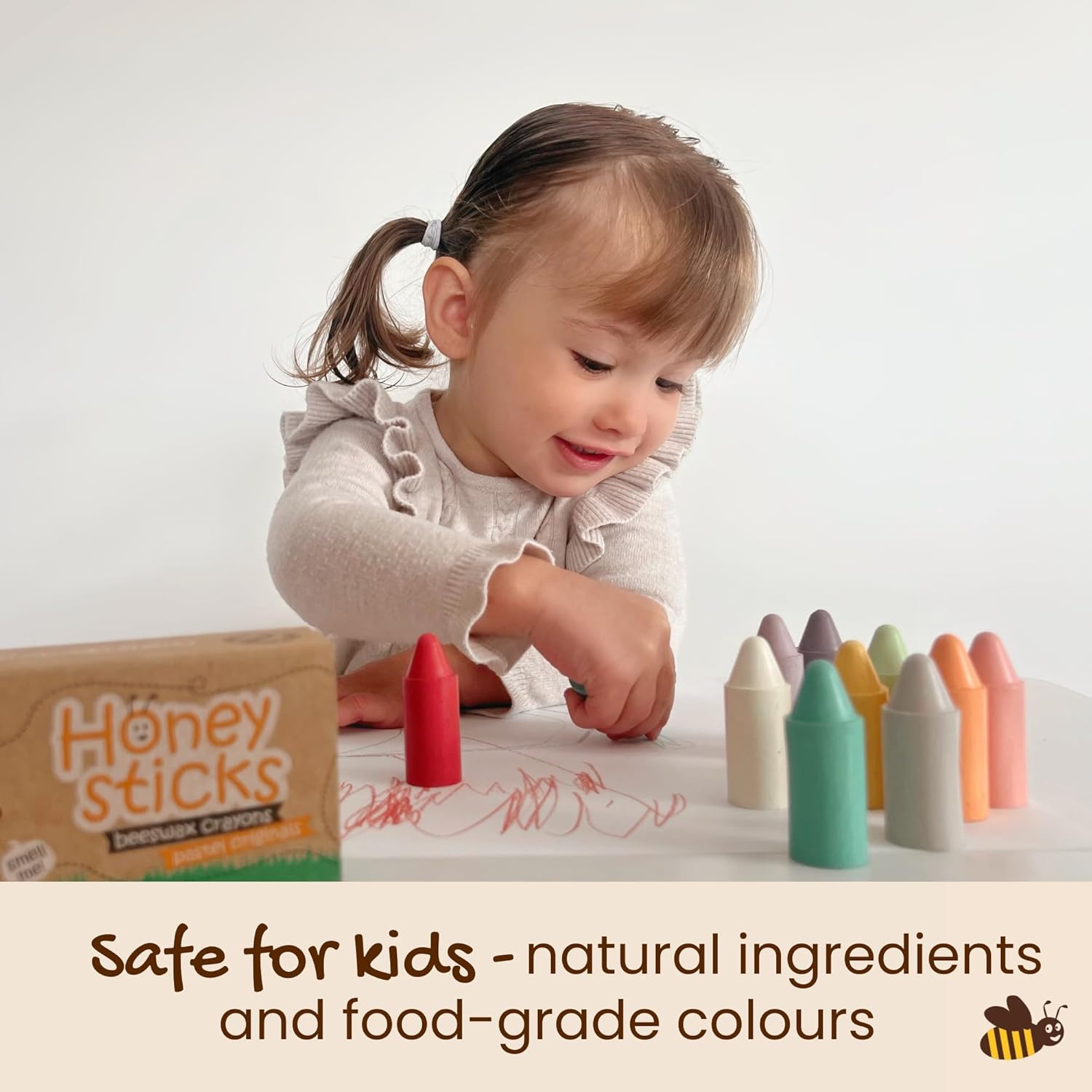 Crayones de cera de abeja en colores pastel – creatividad natural y ecológica para niños.

