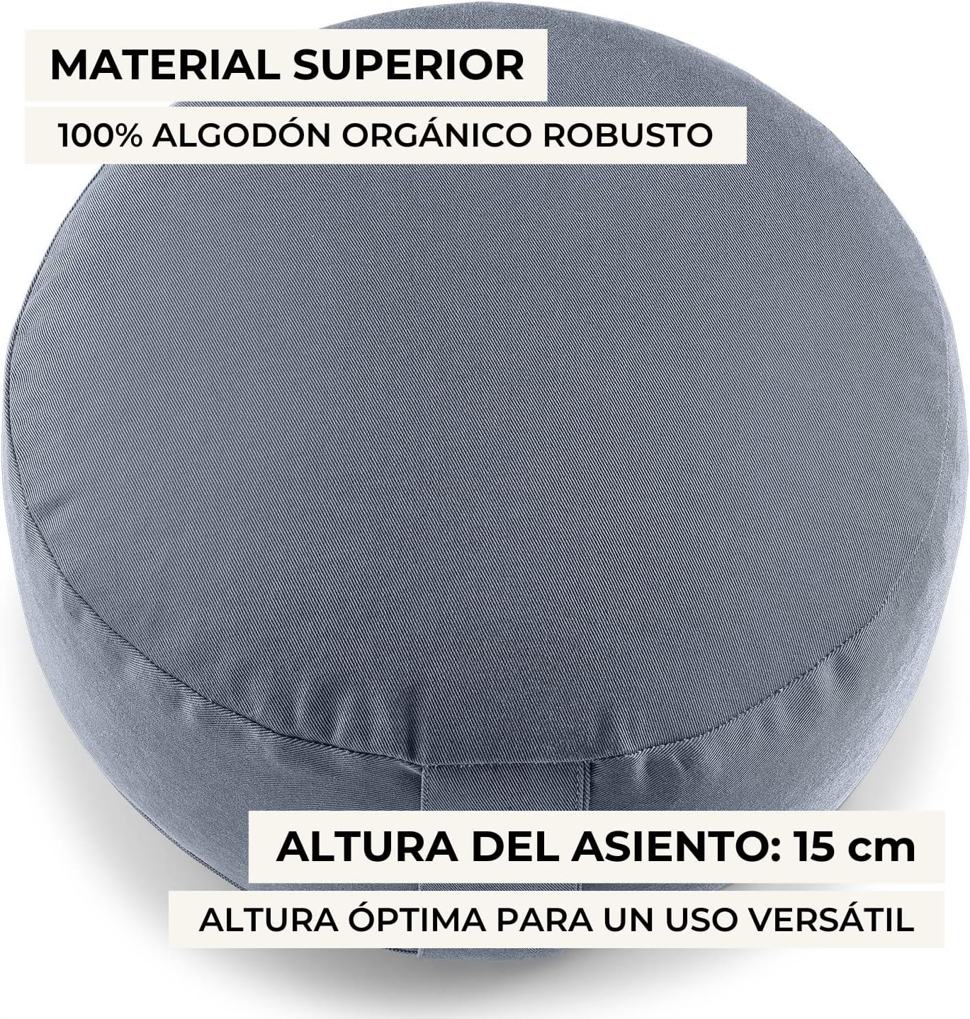 Cojín de meditación de algodón orgánico con relleno natural de espelta – soporte firme y cómodo para yoga y prácticas espirituales.