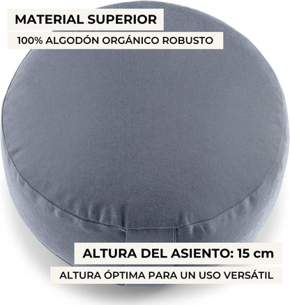 Cojín de meditación de algodón orgánico con relleno natural de espelta – soporte firme y cómodo para yoga y prácticas espirituales.