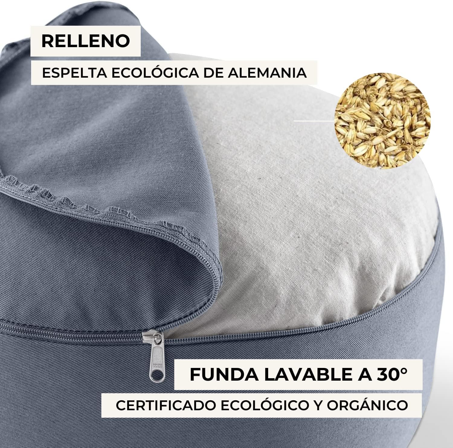Cojín de meditación de algodón orgánico con relleno natural de espelta – soporte firme y cómodo para yoga y prácticas espirituales.