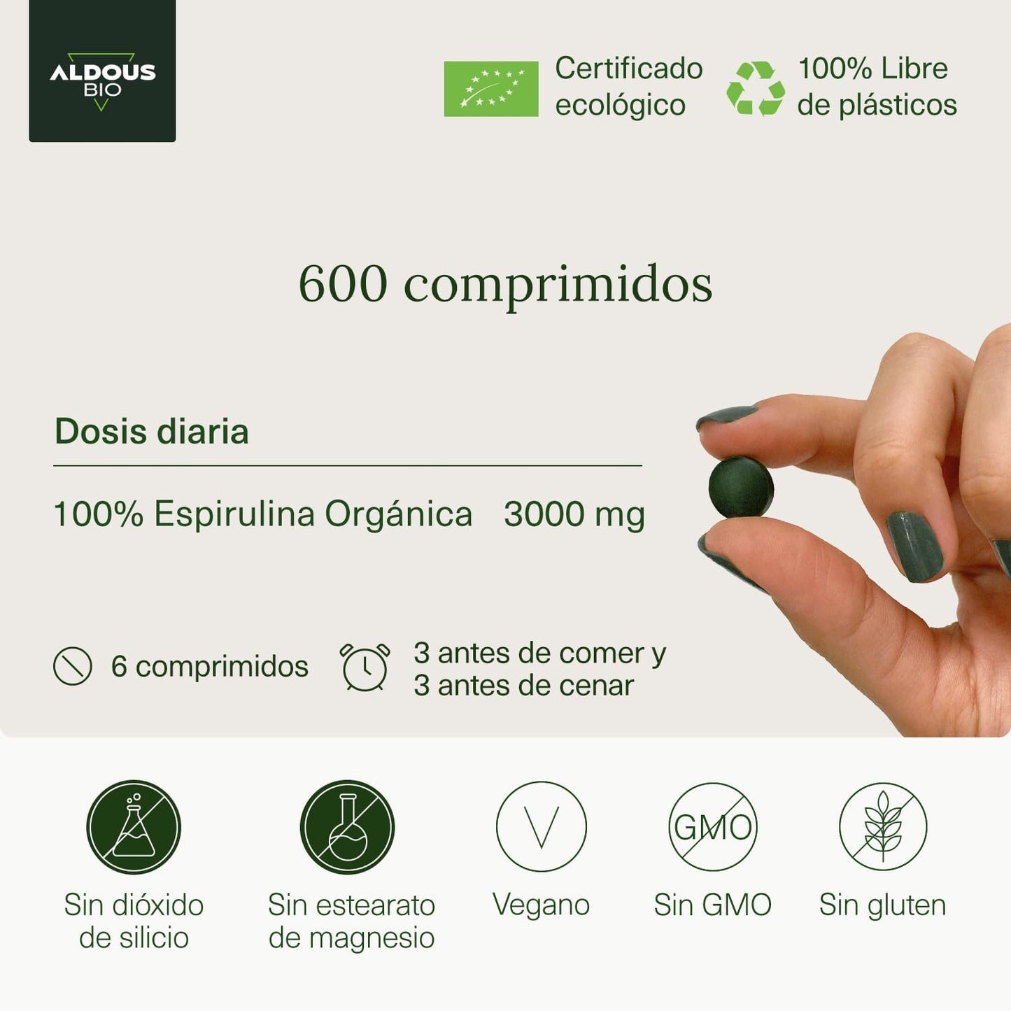 Espirulina Aldous Bio Premium – 100% Orgánica, 600 Tabletas de Alta Calidad