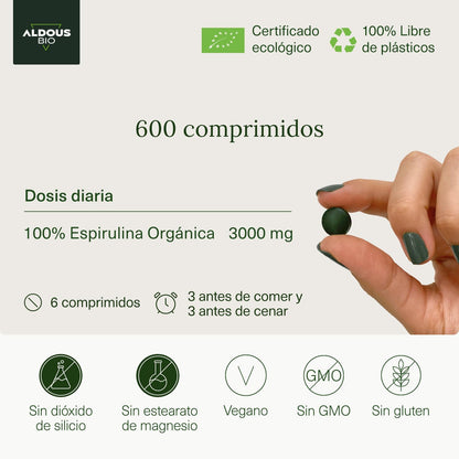 Espirulina Aldous Bio Premium – 100% Orgánica, 600 Tabletas de Alta Calidad