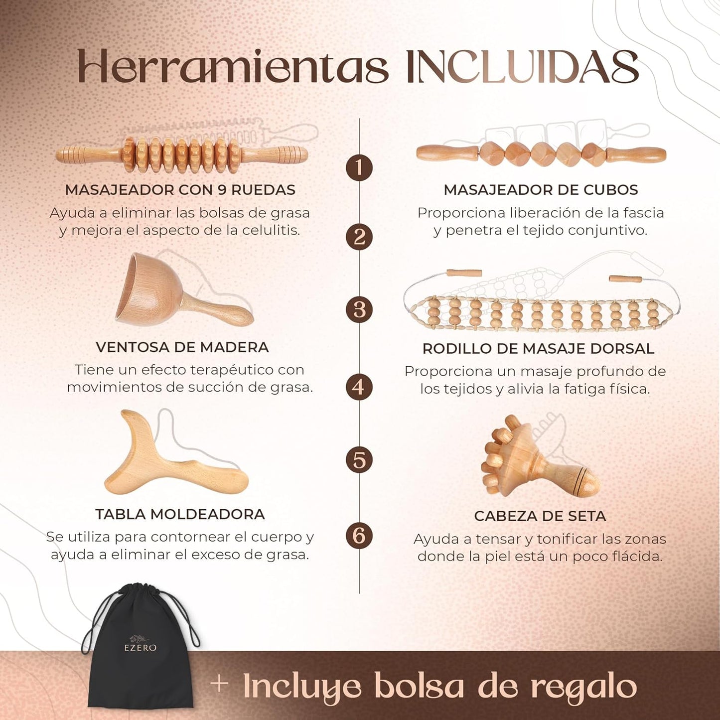 Rodillo de masaje muscular de madera | Anticelulitis, relajante y terapéutico