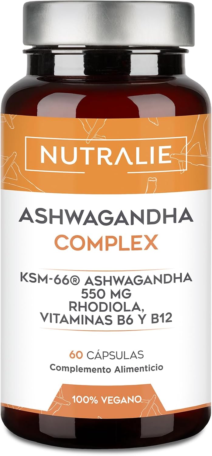 Frasco de Ashwagandha Complex Nutralie 60 cápsulas, suplemento natural adaptógeno