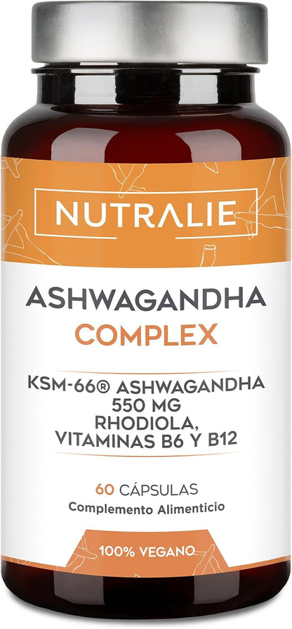 Frasco de Ashwagandha Complex Nutralie 60 cápsulas, suplemento natural adaptógeno