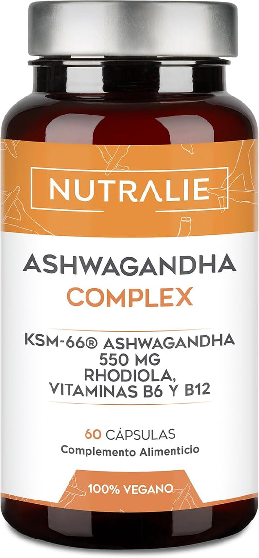 Frasco de Ashwagandha Complex Nutralie 60 cápsulas, suplemento natural adaptógeno