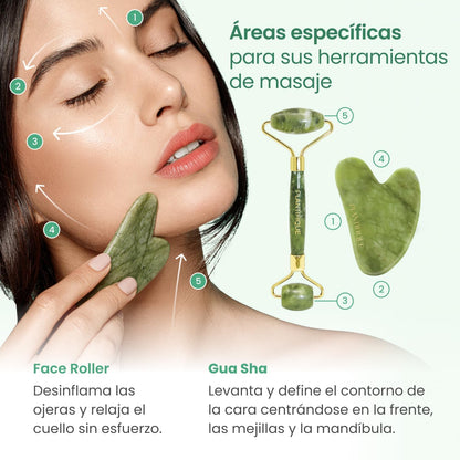 Rodillo Facial y Gua Sha de Jade | Masajeador Antiarrugas para Tonificar la Piel y Activar la Energía