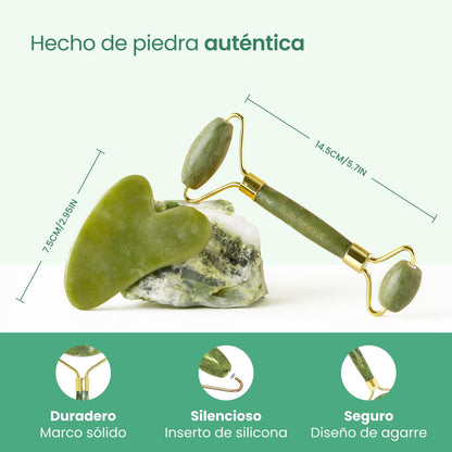 Rodillo Facial y Gua Sha de Jade | Masajeador Antiarrugas para Tonificar la Piel y Activar la Energía