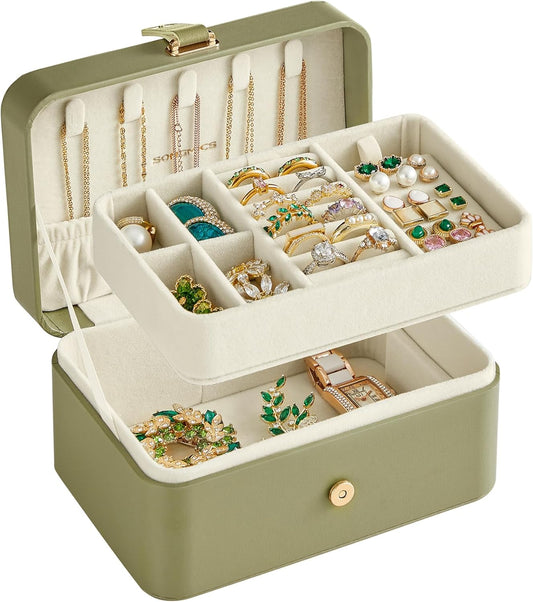 Caja Joyero de Viaje 2 Niveles | Joyero Portátil Verde Laurel | Regalo Elegante y Funcional