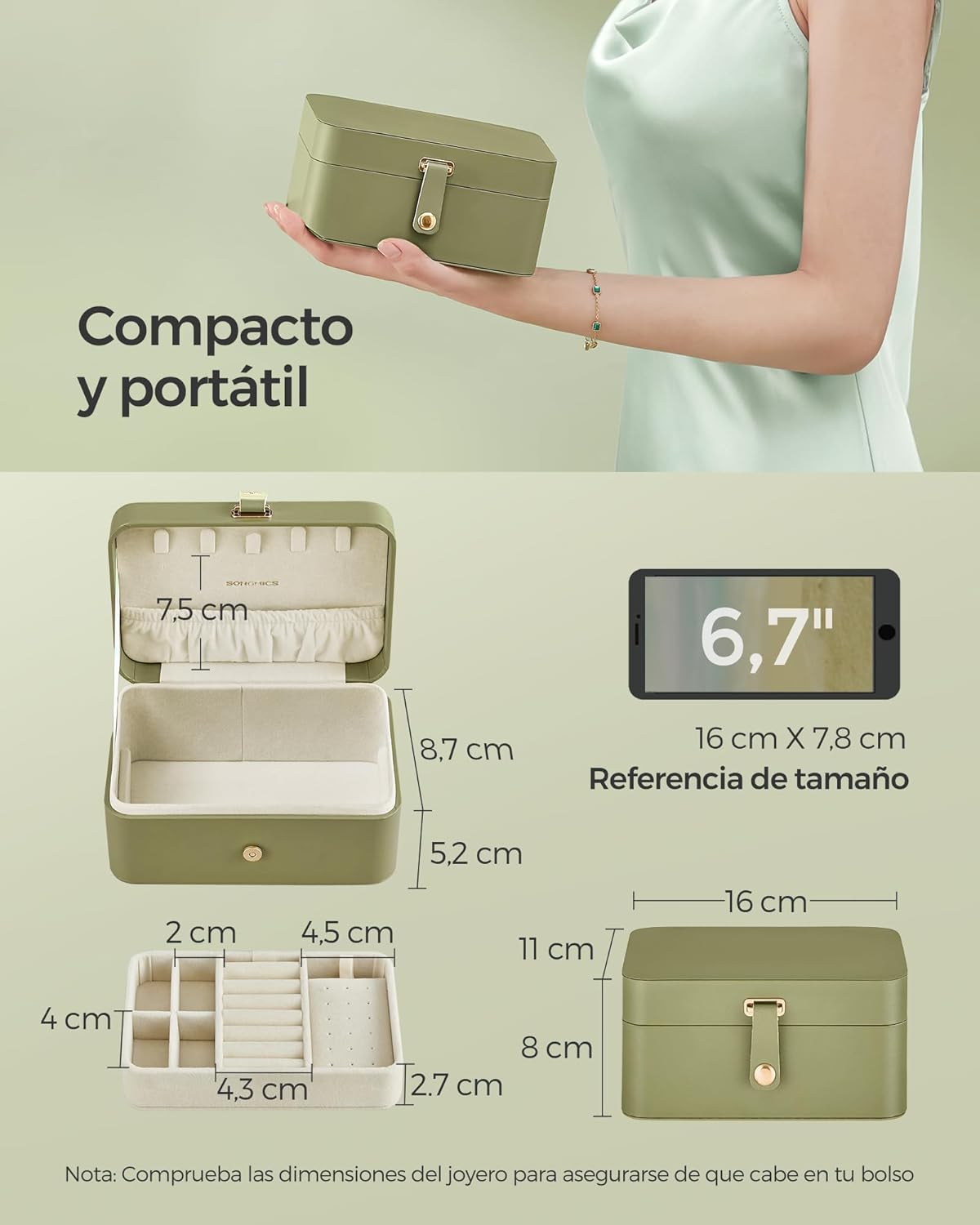 Caja Joyero de Viaje 2 Niveles | Joyero Portátil Verde Laurel | Regalo Elegante y Funcional