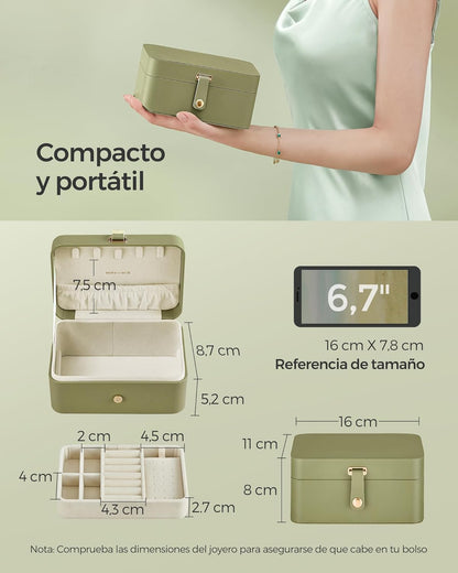 Caja Joyero de Viaje 2 Niveles | Joyero Portátil Verde Laurel | Regalo Elegante y Funcional
