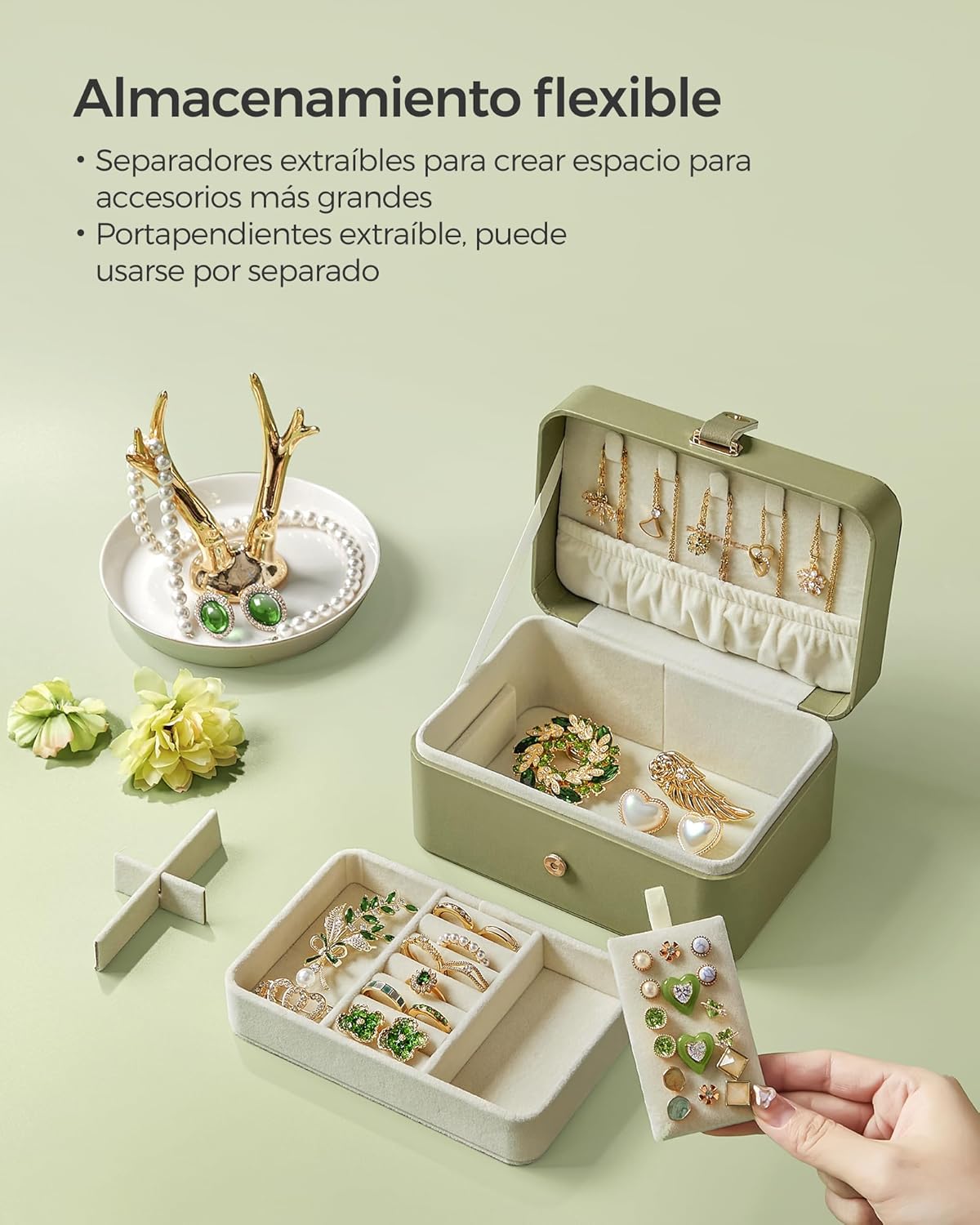 Caja Joyero de Viaje 2 Niveles | Joyero Portátil Verde Laurel | Regalo Elegante y Funcional
