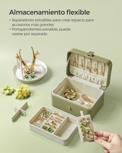 Caja Joyero de Viaje 2 Niveles | Joyero Portátil Verde Laurel | Regalo Elegante y Funcional