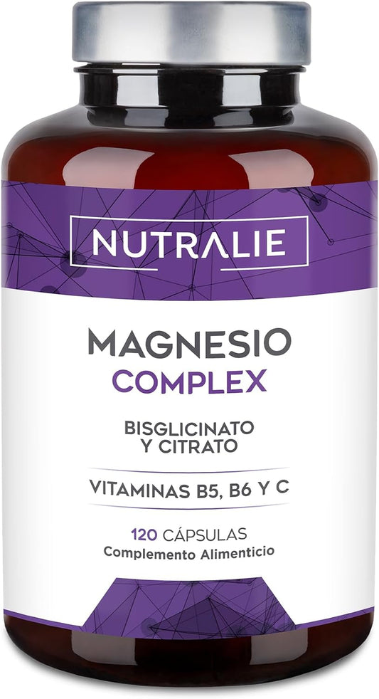 Magnesio Complex Nutralie – bisglicinato y citrato con vitaminas B5, B6 y C (120 cápsulas).
