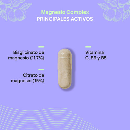 Magnesio Complex Nutralie – bisglicinato y citrato con vitaminas B5, B6 y C (120 cápsulas).
