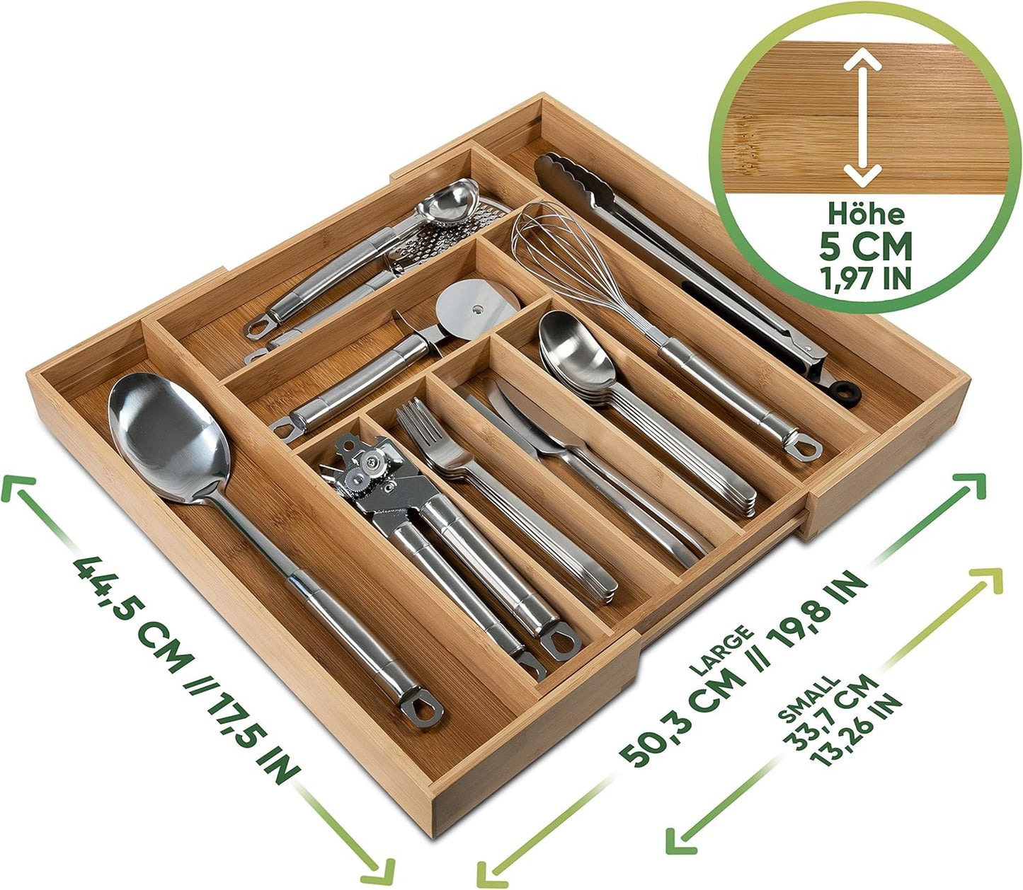 Organizador de Bambú para Cajones | Expandible | 7 Compartimentos | Almacenaje Natural para Cubiertos y Utensilios
