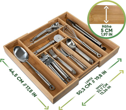 Organizador de Bambú para Cajones | Expandible | 7 Compartimentos | Almacenaje Natural para Cubiertos y Utensilios