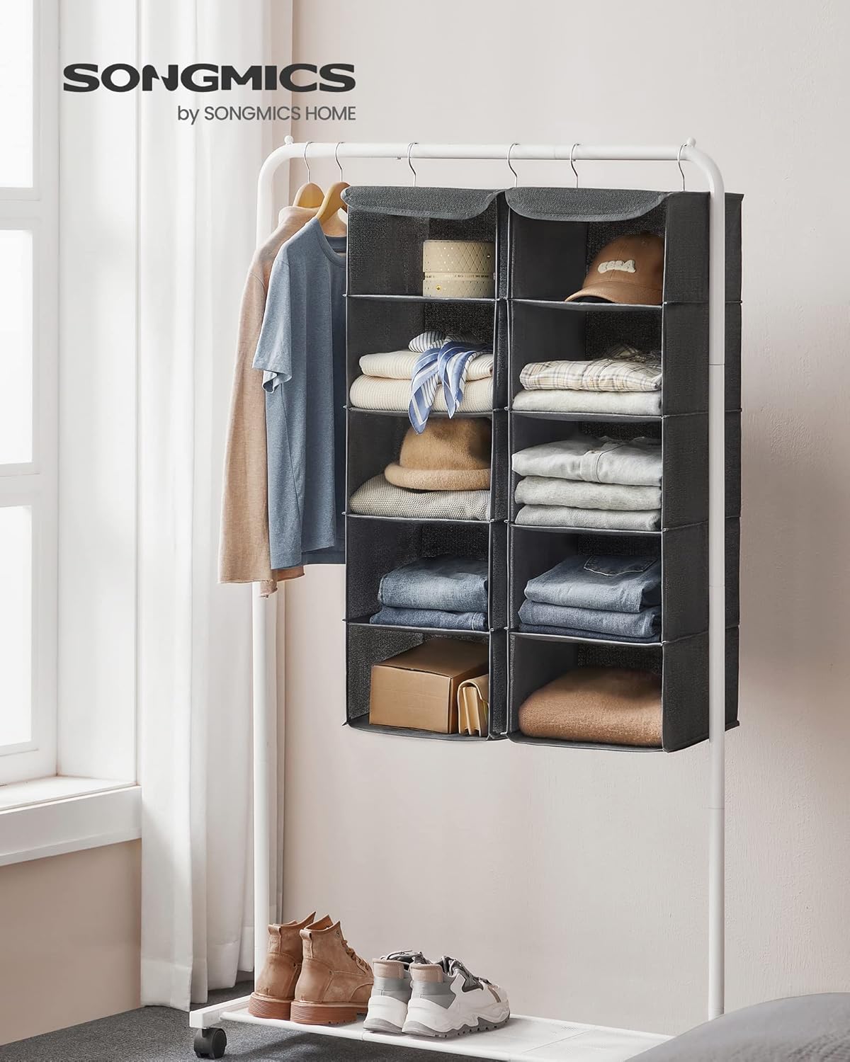 Organizador Colgante de Armario Plegable | Refuerzo de Bambú y Ganchos Metálicos | Lino Beige | Ahorro de Espacio