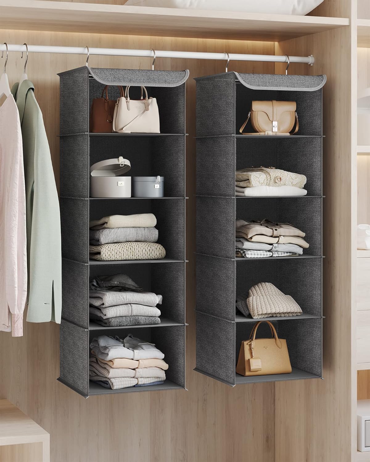 Organizador Colgante de Armario Plegable | Refuerzo de Bambú y Ganchos Metálicos | Lino Beige | Ahorro de Espacio