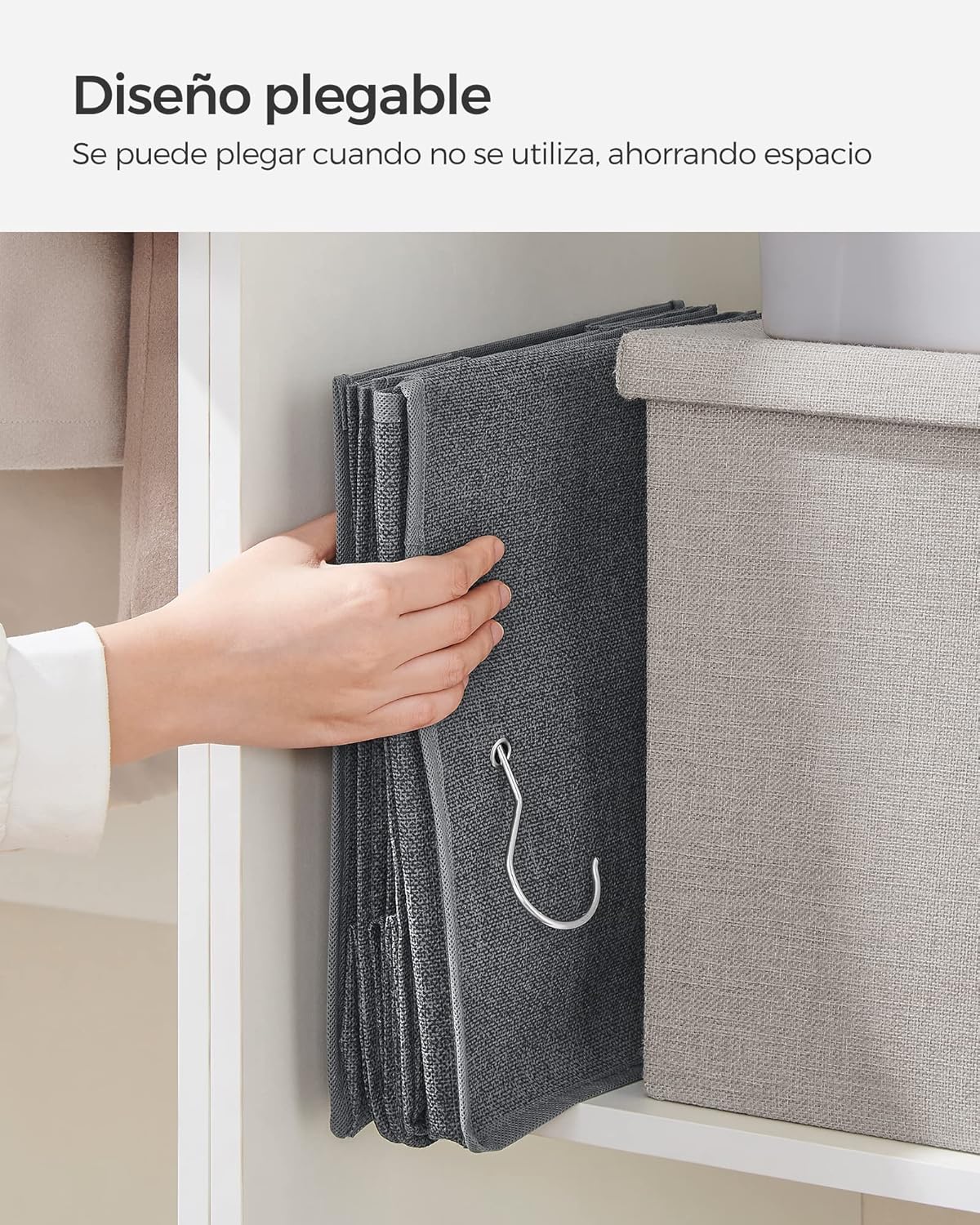 Organizador Colgante de Armario Plegable | Refuerzo de Bambú y Ganchos Metálicos | Lino Beige | Ahorro de Espacio