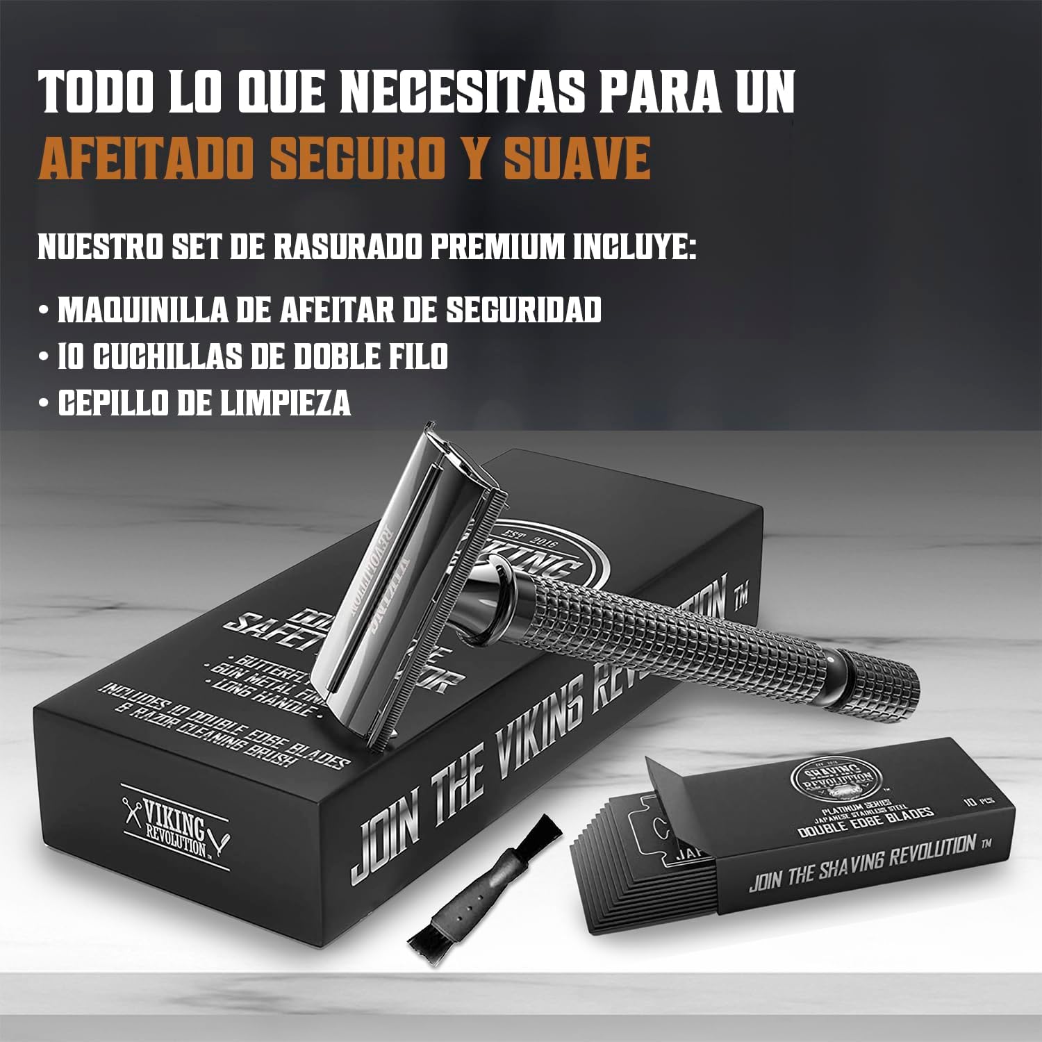 Maquinilla de afeitar metálica de seguridad – incluye 10 cuchillas y cepillo de limpieza.