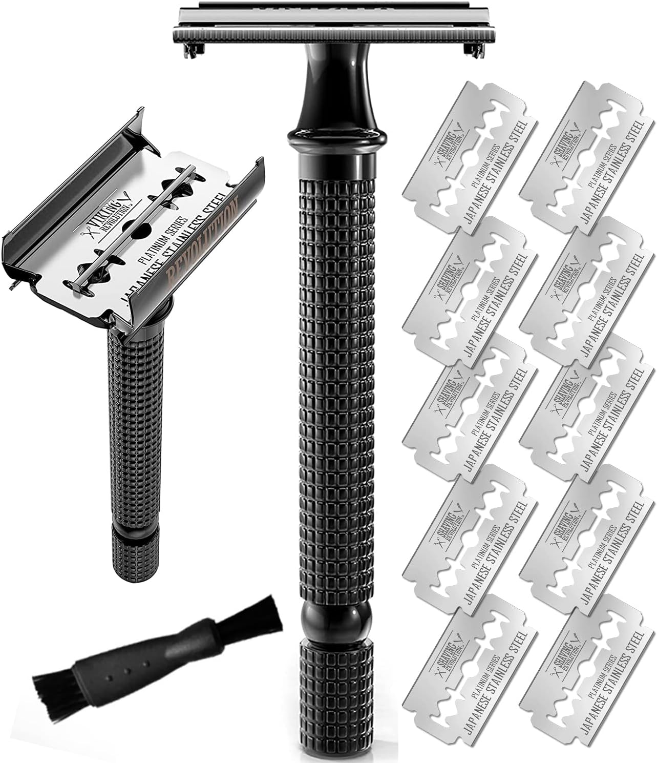 Maquinilla de afeitar metálica de seguridad – incluye 10 cuchillas y cepillo de limpieza.