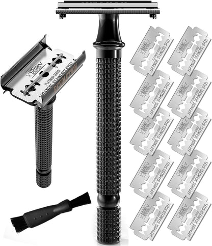 Maquinilla de afeitar metálica de seguridad – incluye 10 cuchillas y cepillo de limpieza.