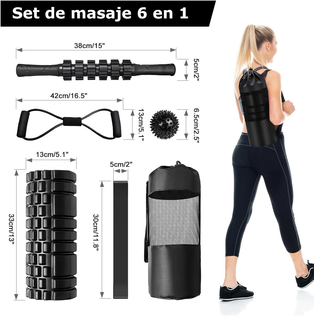 Set de masaje 6 en 1 con foam roller, barra, pelota, rodillo, banda y bolsa – liberación muscular y recuperación