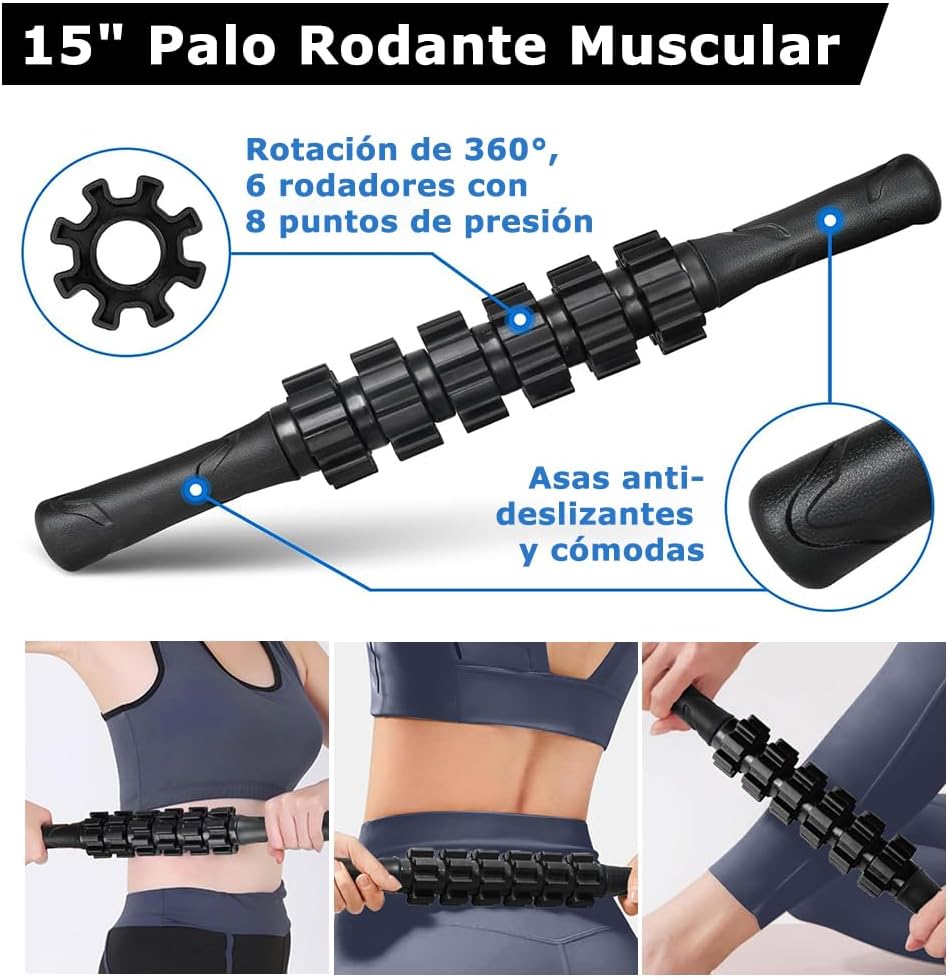 Set de masaje 6 en 1 con foam roller, barra, pelota, rodillo, banda y bolsa – liberación muscular y recuperación
