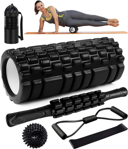 Set de masaje 6 en 1 con foam roller, barra, pelota, rodillo, banda y bolsa – liberación muscular y recuperación